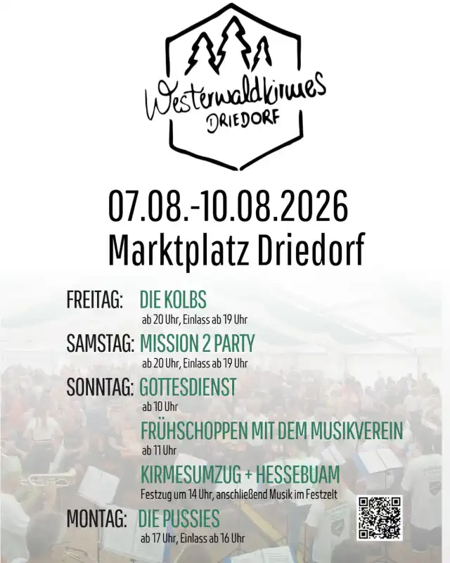 Die Westerwaldkirmes Driedorf findet vom 7. bis 10. August 2026 auf dem Marktplatz Driedorf statt und bietet vier Tage lang ein abwechslungsreiches Programm aus Live‑Musik, Tradition, Festumzug und geselligem Beisammensein.